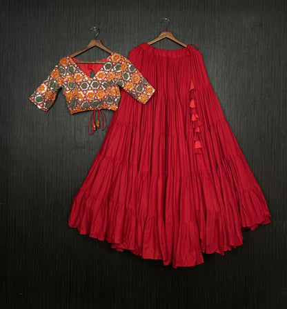 Beautiful Work Blouse With Red Ruffle Style Lehenga