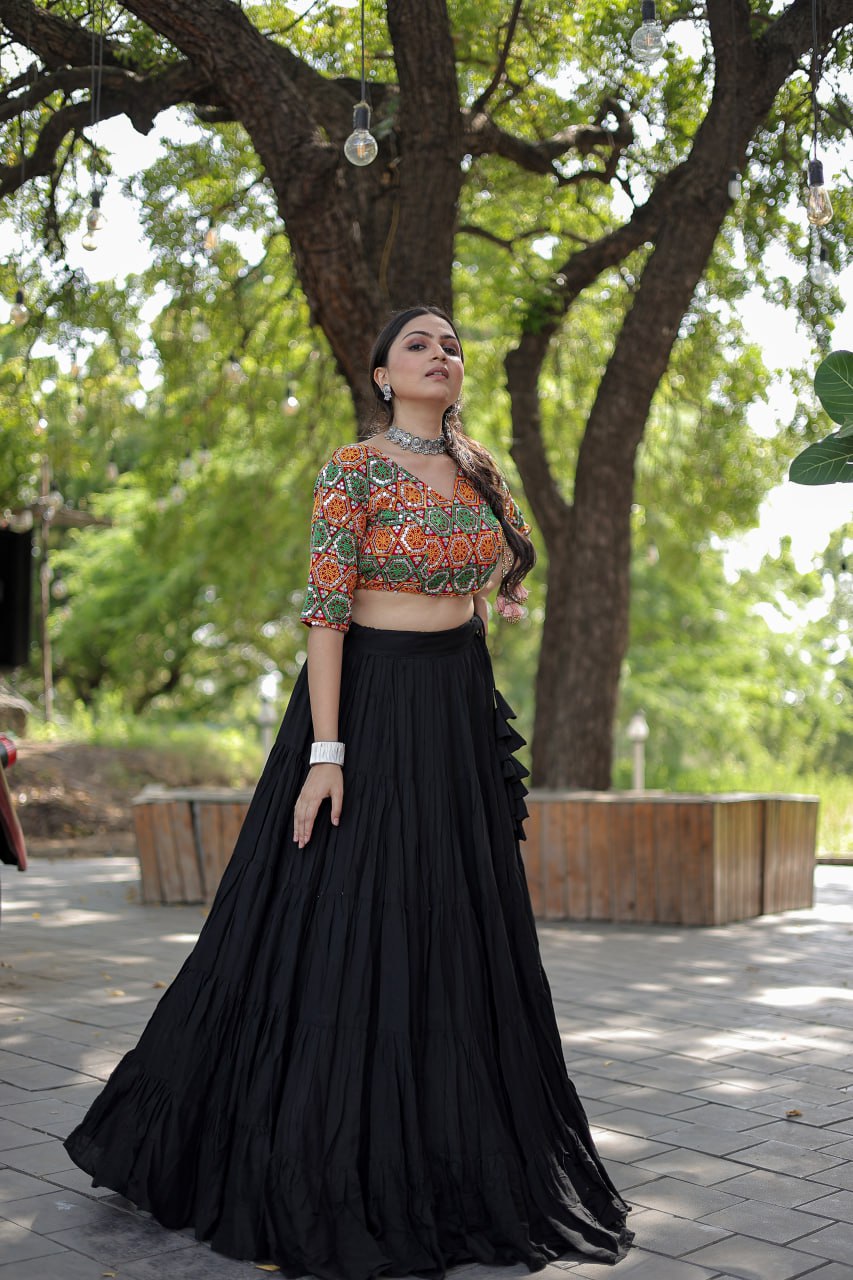 Beautiful Work Blouse With Black Ruffle Style Lehenga