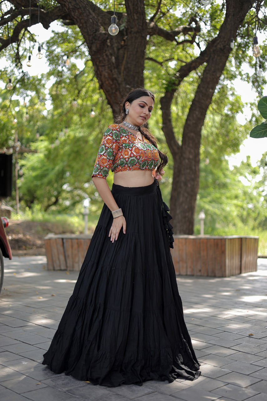 Beautiful Work Blouse With Black Ruffle Style Lehenga