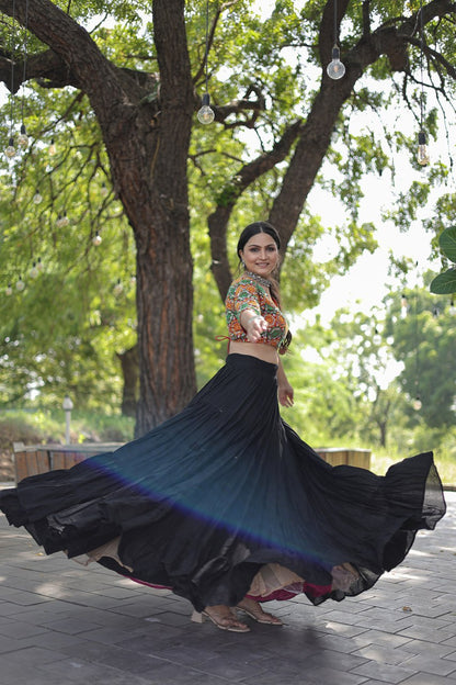 Beautiful Work Blouse With Black Ruffle Style Lehenga