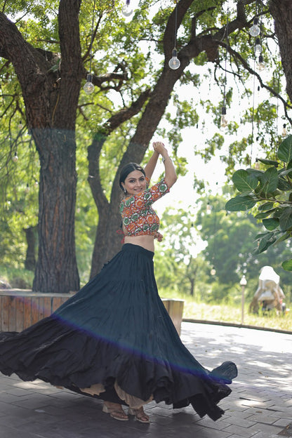 Beautiful Work Blouse With Black Ruffle Style Lehenga