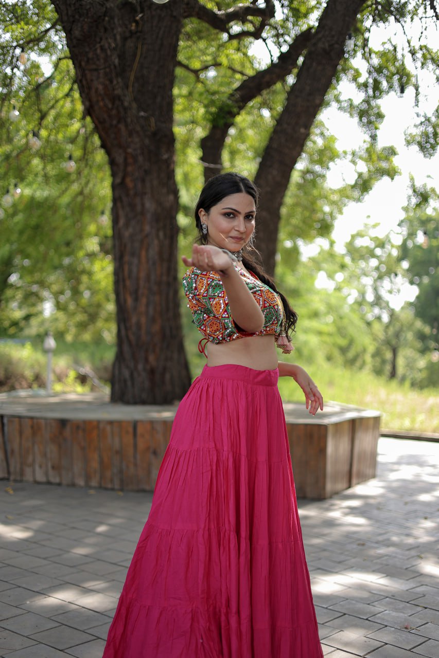 Beautiful Work Blouse With Pink Ruffle Style Lehenga