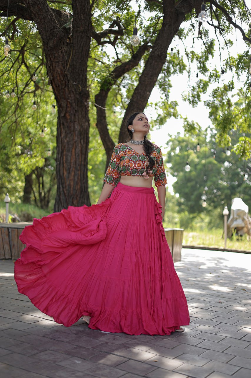 Beautiful Work Blouse With Pink Ruffle Style Lehenga