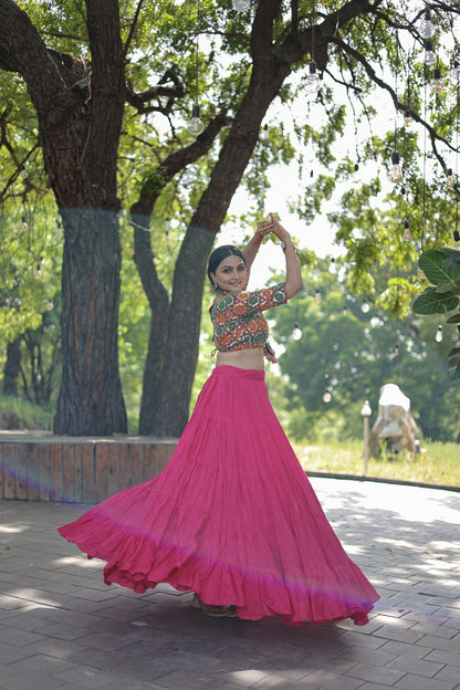 Beautiful Work Blouse With Pink Ruffle Style Lehenga