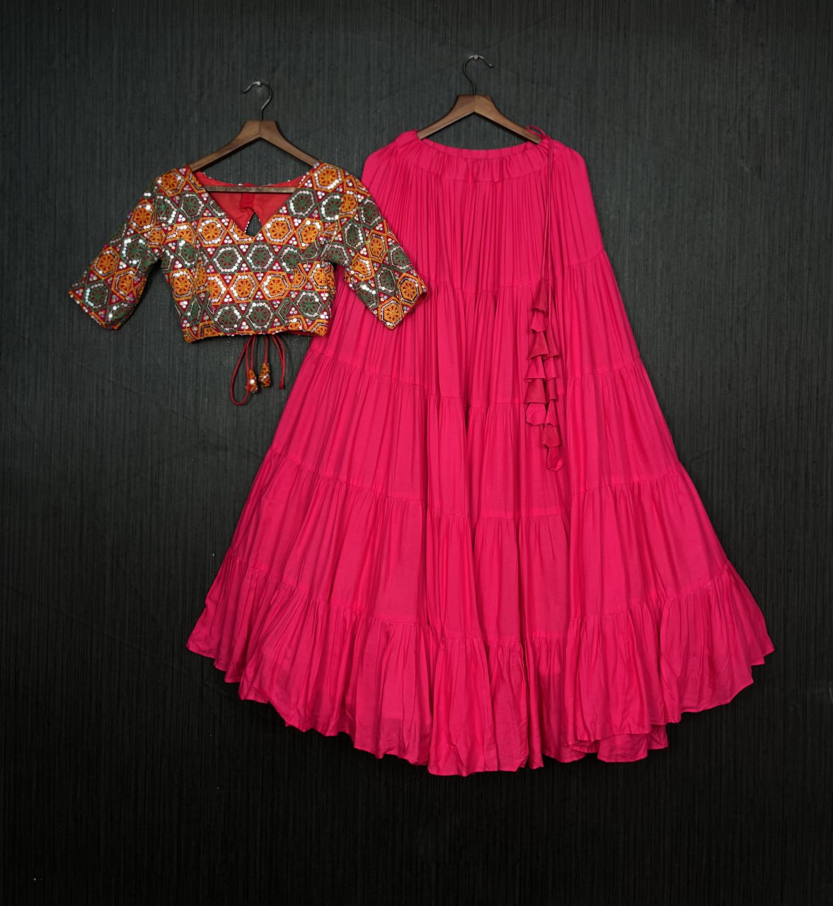 Beautiful Work Blouse With Pink Ruffle Style Lehenga