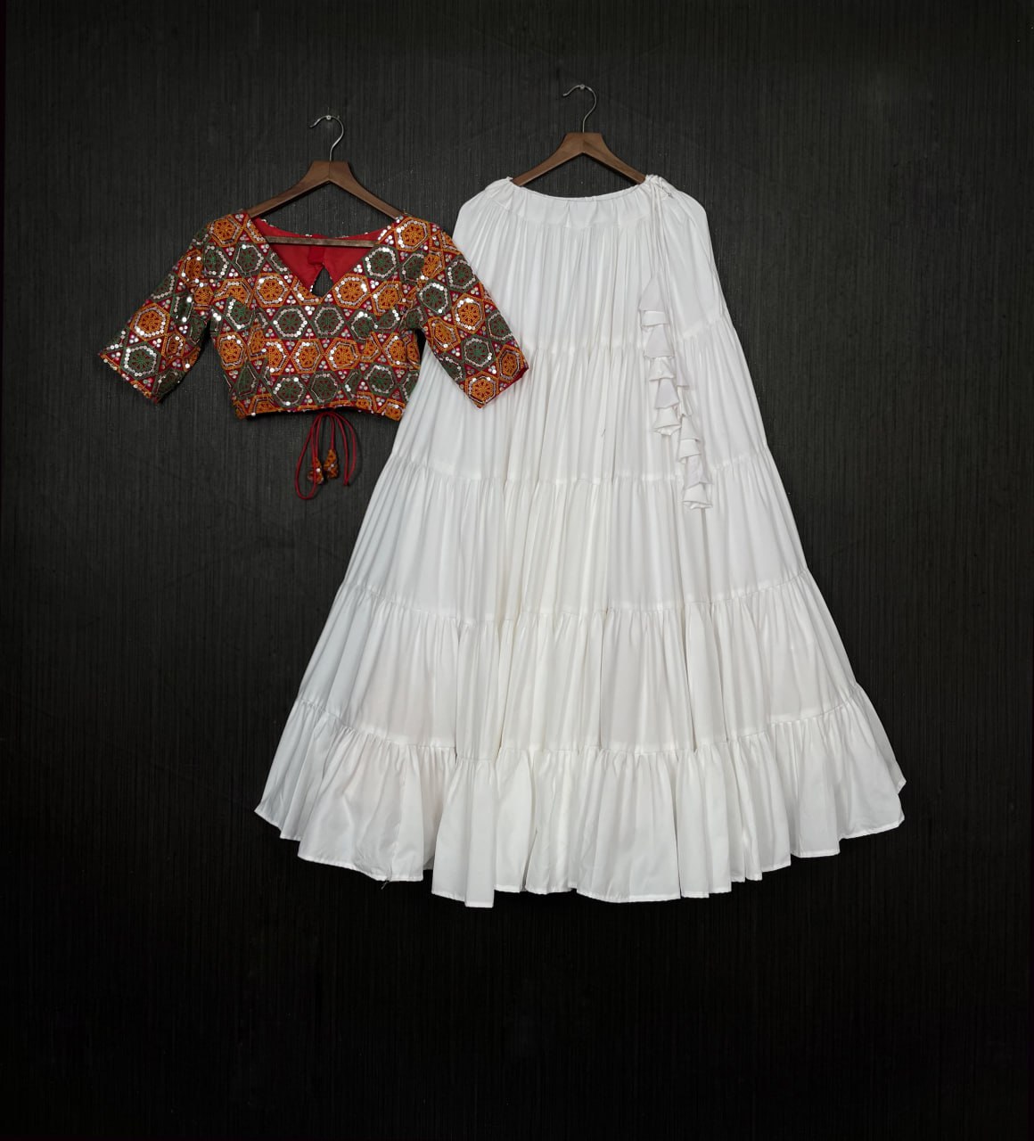 Beautiful Work Blouse With White Ruffle Style Lehenga