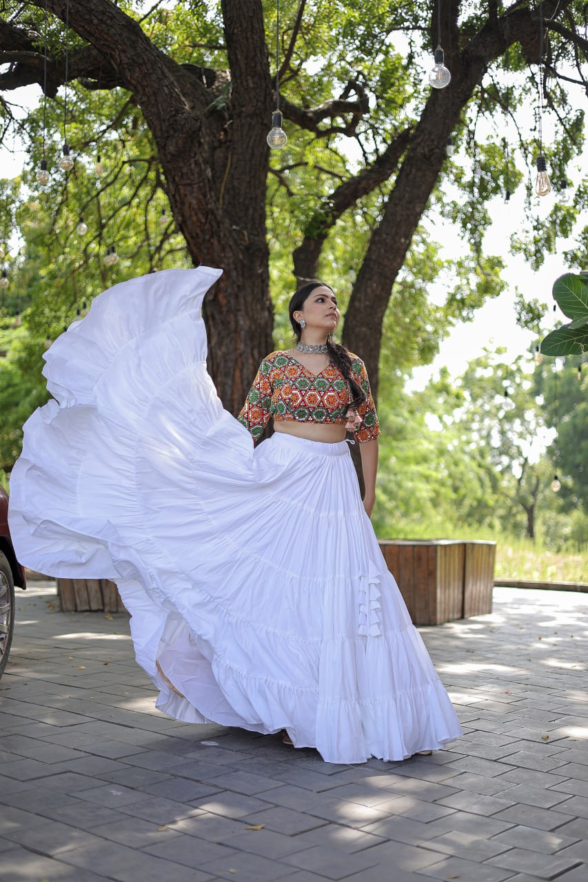 Beautiful Work Blouse With White Ruffle Style Lehenga