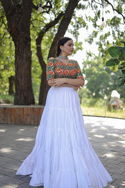 Beautiful Work Blouse With White Ruffle Style Lehenga