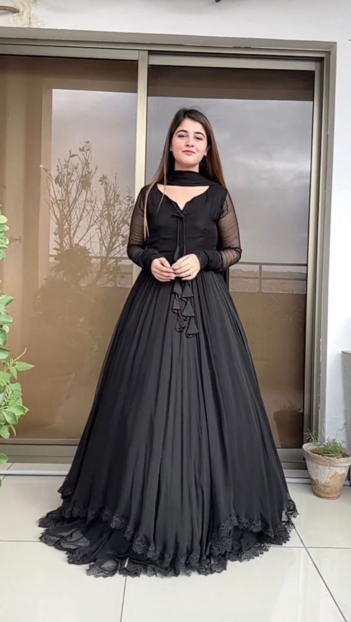 Demanding Black Color Lace Work Long Anarkali Gown