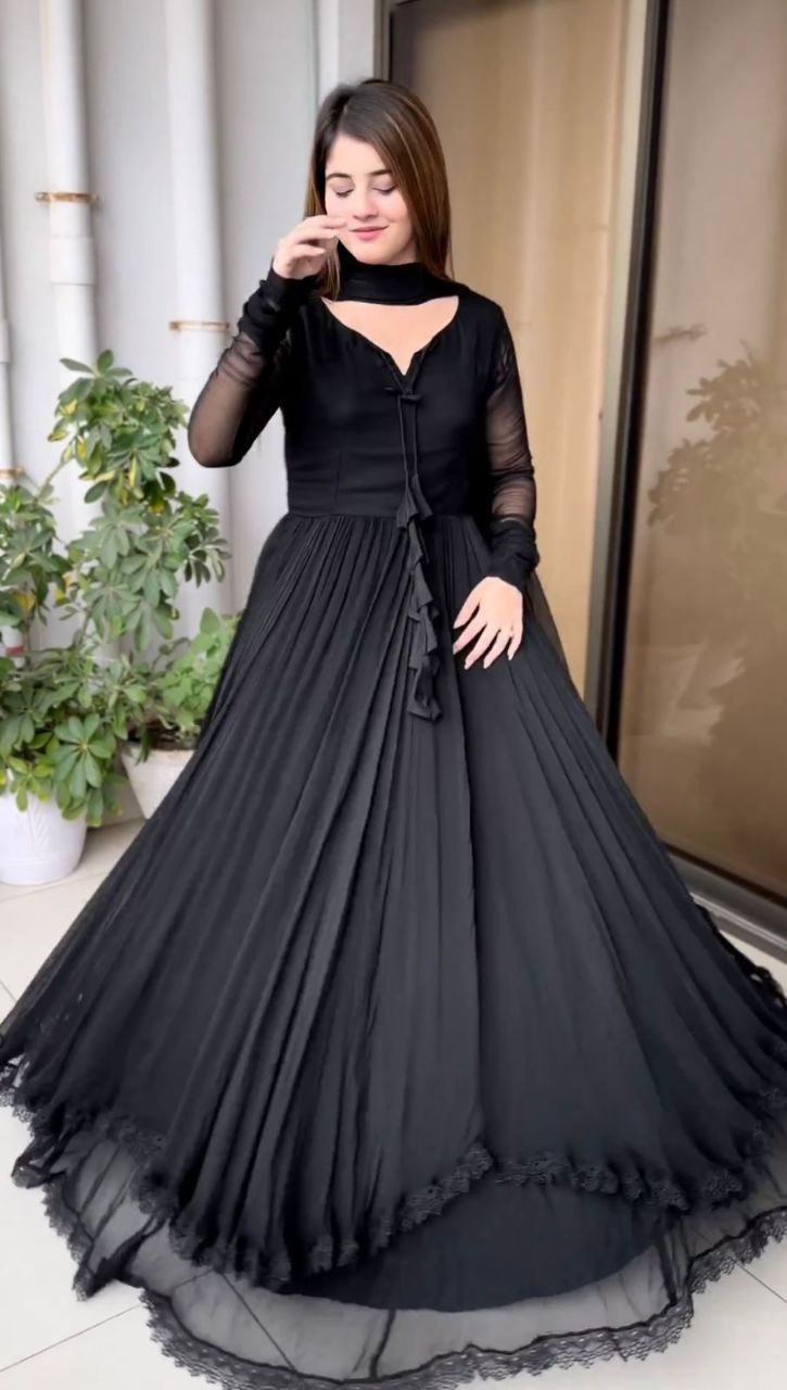 Exclusive Georgette Sequence Embroidered Work Anarkali Gown Black Color DN  4813