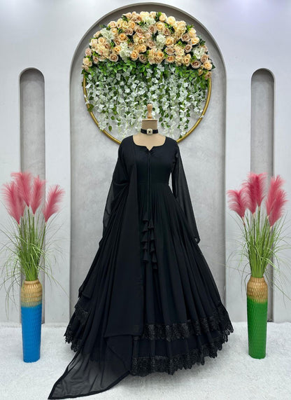 Demanding Black Color Lace Work Long Anarkali Gown