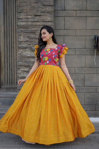 Beautiful Work Mustard Color Function Wear Gown