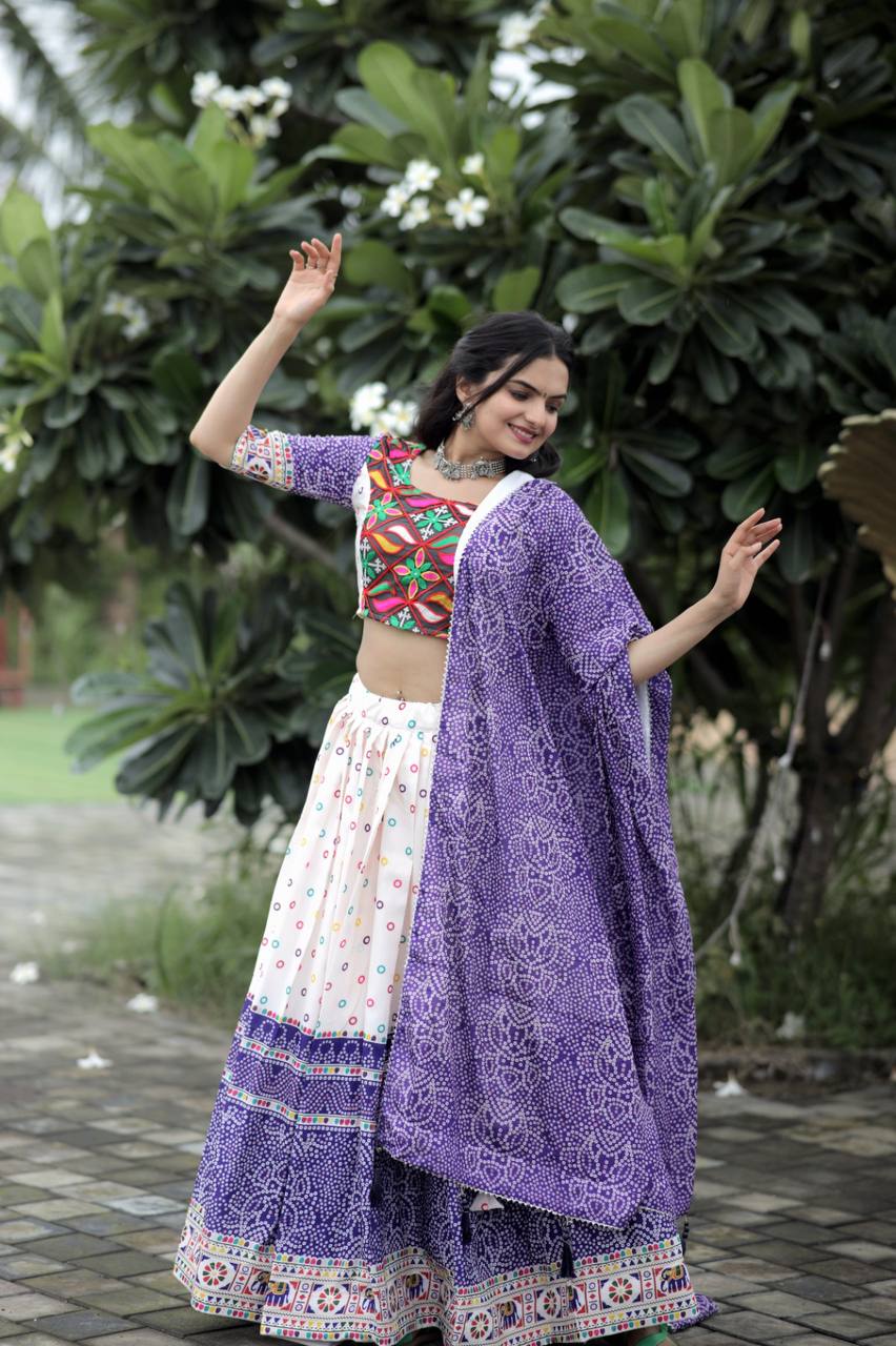 Unique Embroidered Work White With Purple Color Lehenga Choli