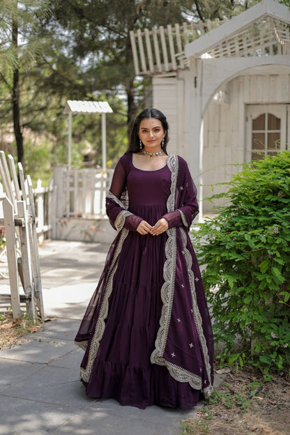 Party Wear Wine Color Plain Long Gown With Dupatta