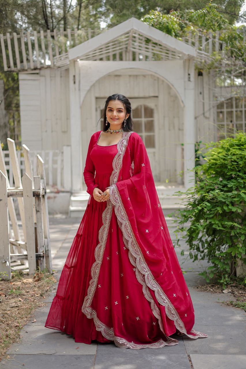 Party Wear Dark Pink Color Plain Long Gown With Dupatta