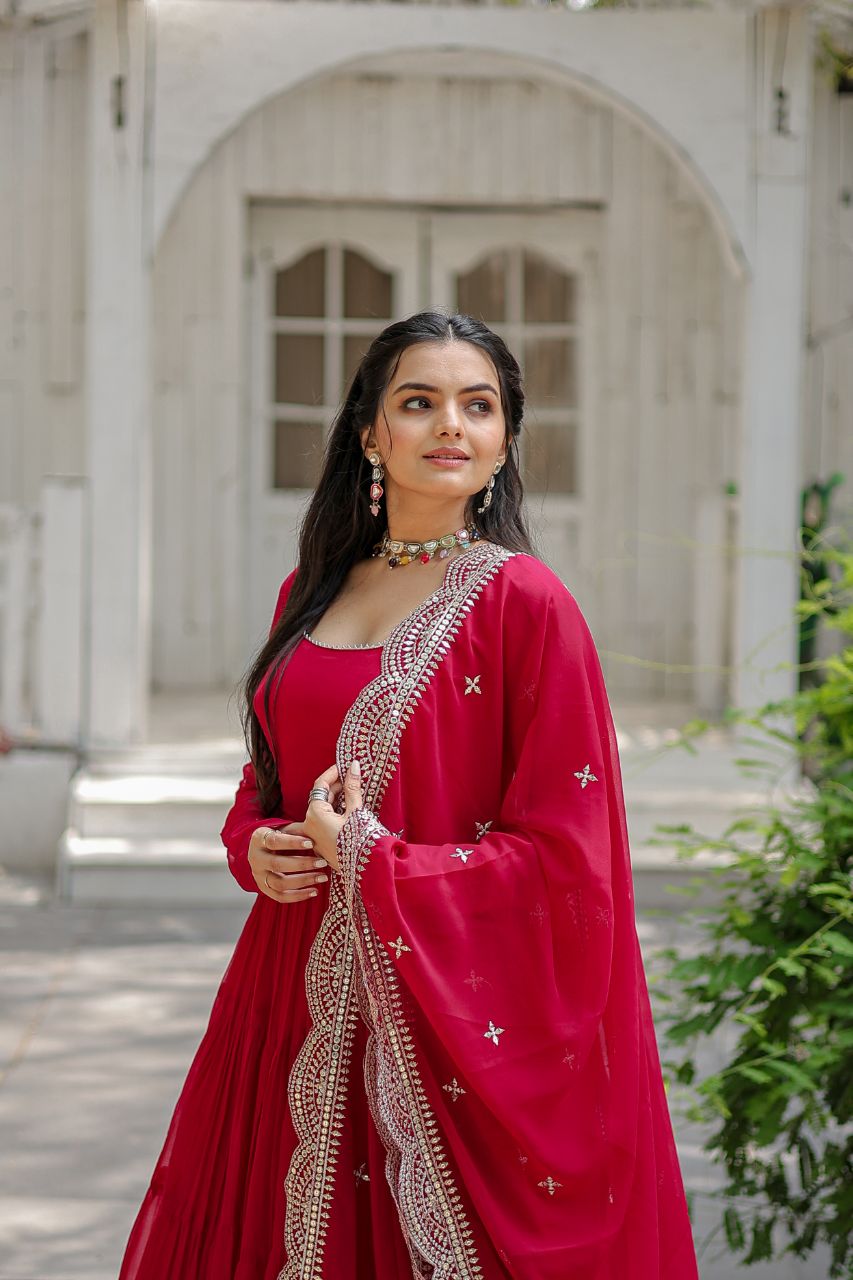 Party Wear Dark Pink Color Plain Long Gown With Dupatta