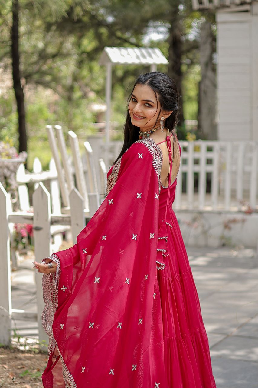 Party Wear Dark Pink Color Plain Long Gown With Dupatta