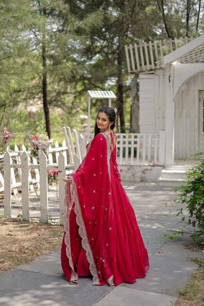 Party Wear Dark Pink Color Plain Long Gown With Dupatta