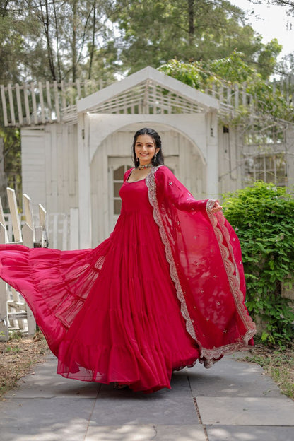 Party Wear Dark Pink Color Plain Long Gown With Dupatta