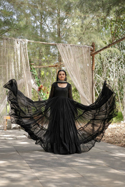 Party Wear Black Color Plain Long Gown With Dupatta