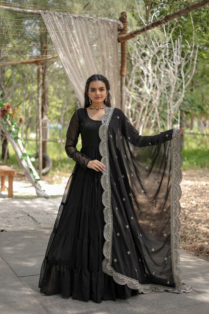 Party Wear Black Color Plain Long Gown With Dupatta