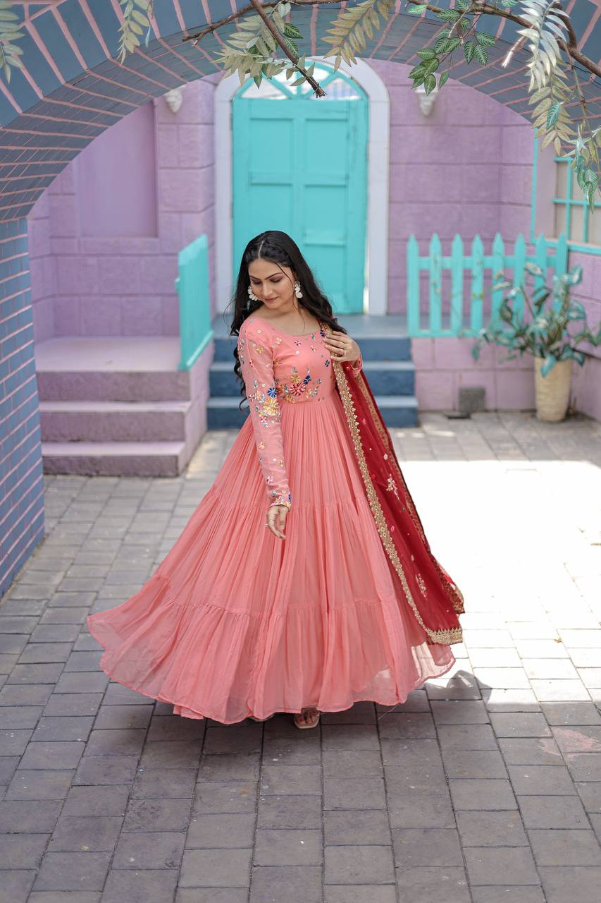 Exclusive Embroidery Work Peach Color Gown With Dupatta