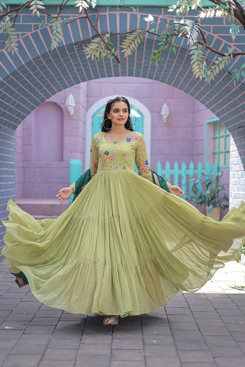 Exclusive Embroidery Work  Parrot Green Color Gown With Dupatta