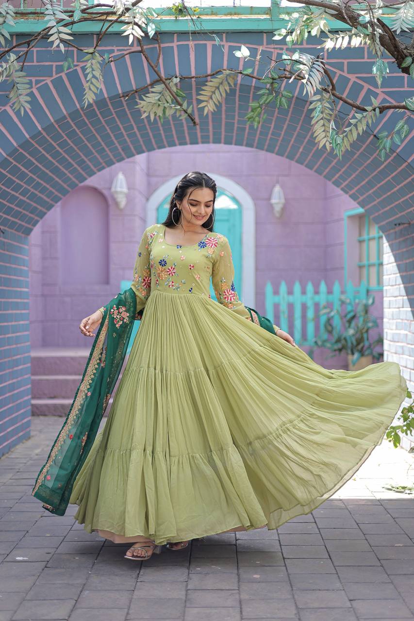 Exclusive Embroidery Work  Parrot Green Color Gown With Dupatta