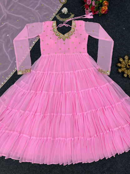 Raffle Style Sequence Work Pink Color Trendy Anarkali Suit