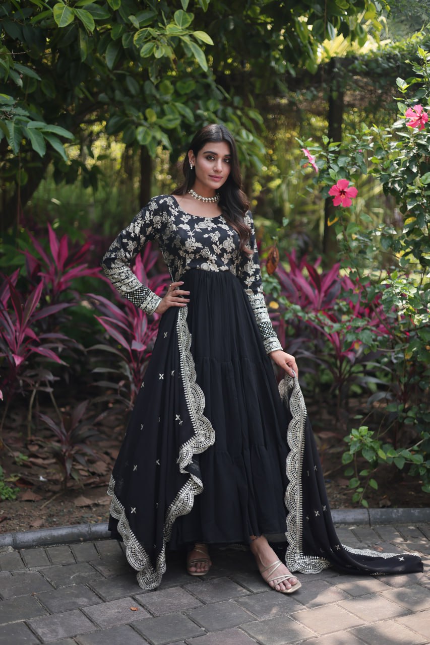 Attractive Black Color Sequence Work Anarkali Gown With Dupatta