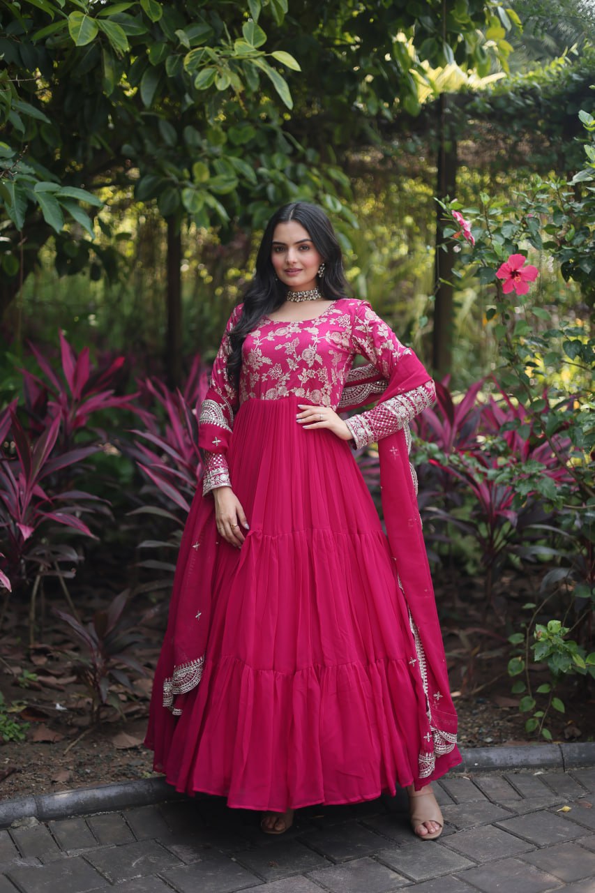 Attractive Pink Color Sequence Work Anarkali Gown With Dupatta