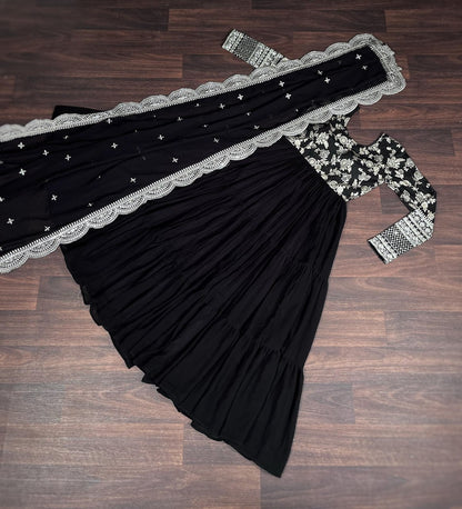 Attractive Black Color Sequence Work Anarkali Gown With Dupatta