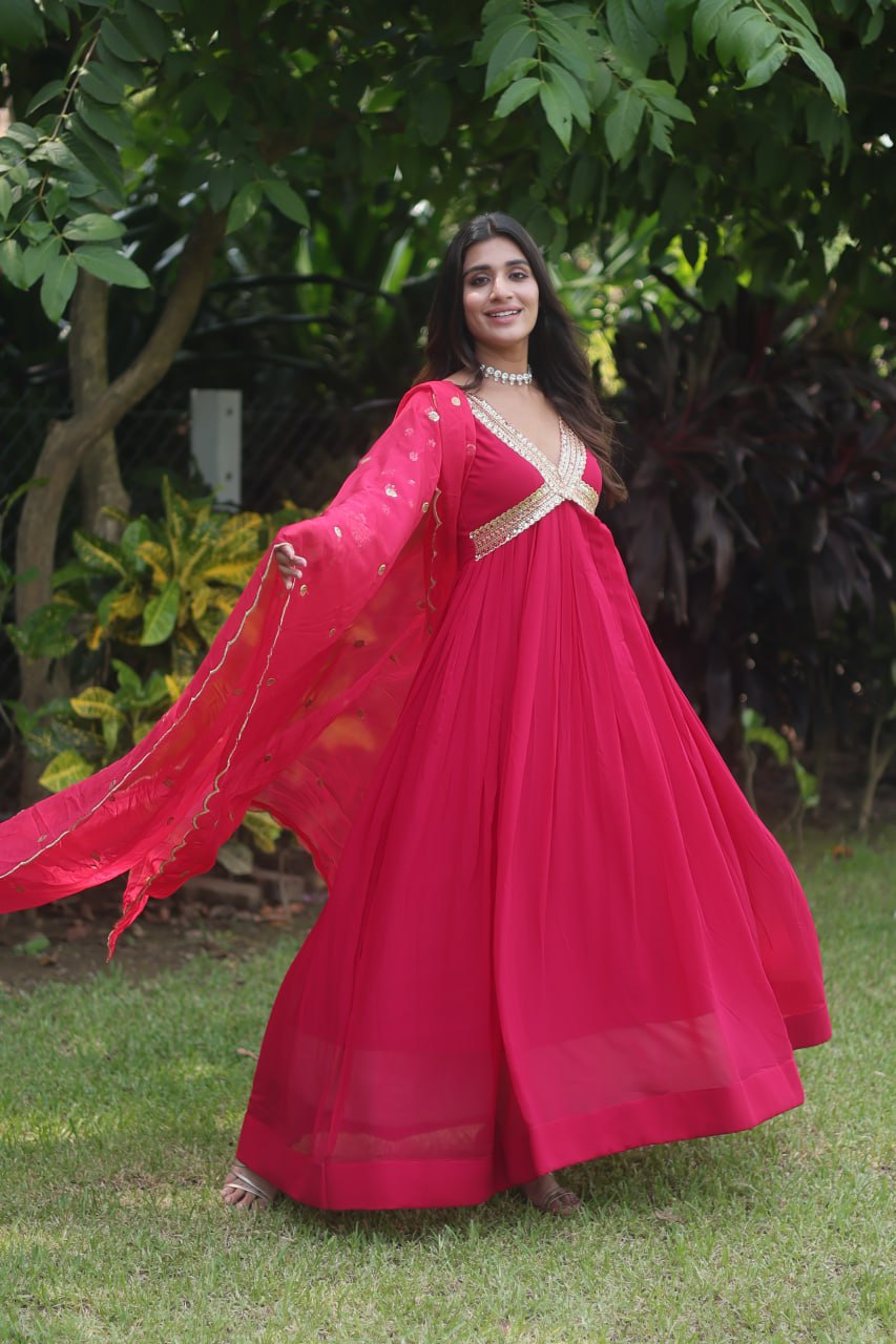 Flattering Pink Color Embroidery Zari Sequence Work Gown With Dupatta