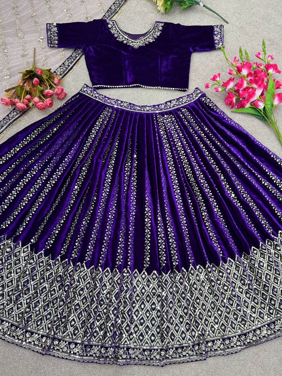 Marriage Special Viscose Velvet With Heavy Work Purple Lehenga Choli