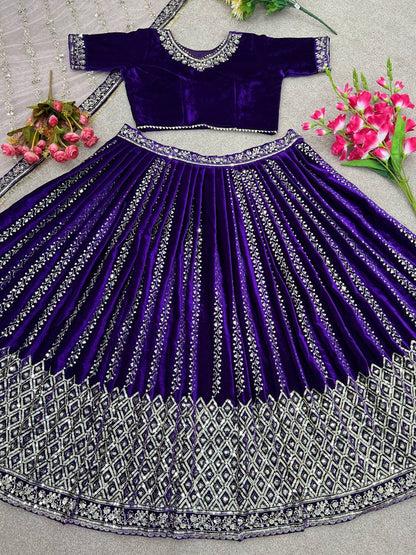 Marriage Special Viscose Velvet With Heavy Work Purple Lehenga Choli