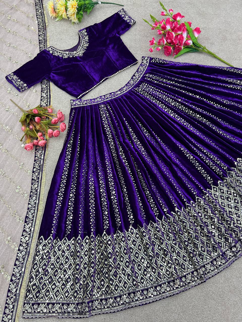 Marriage Special Viscose Velvet With Heavy Work Purple Lehenga Choli