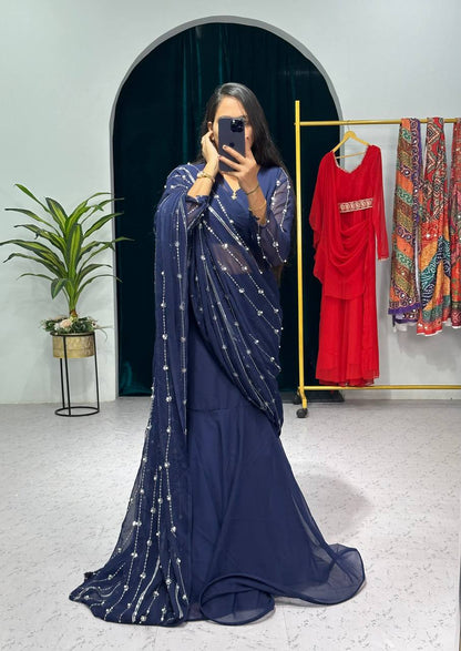 Mesmerizing  Navy Blue Color Embroidery Work Lehenga-saree