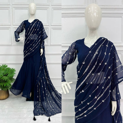 Mesmerizing  Navy Blue Color Embroidery Work Lehenga-saree