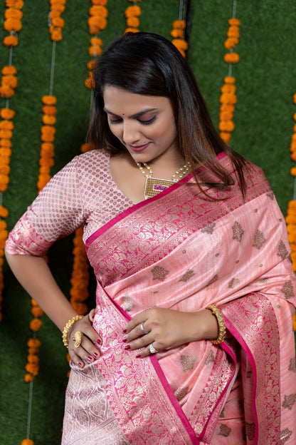 Banarasi Kanchi Silk  Light Pink Copper Zari Pattern Saree