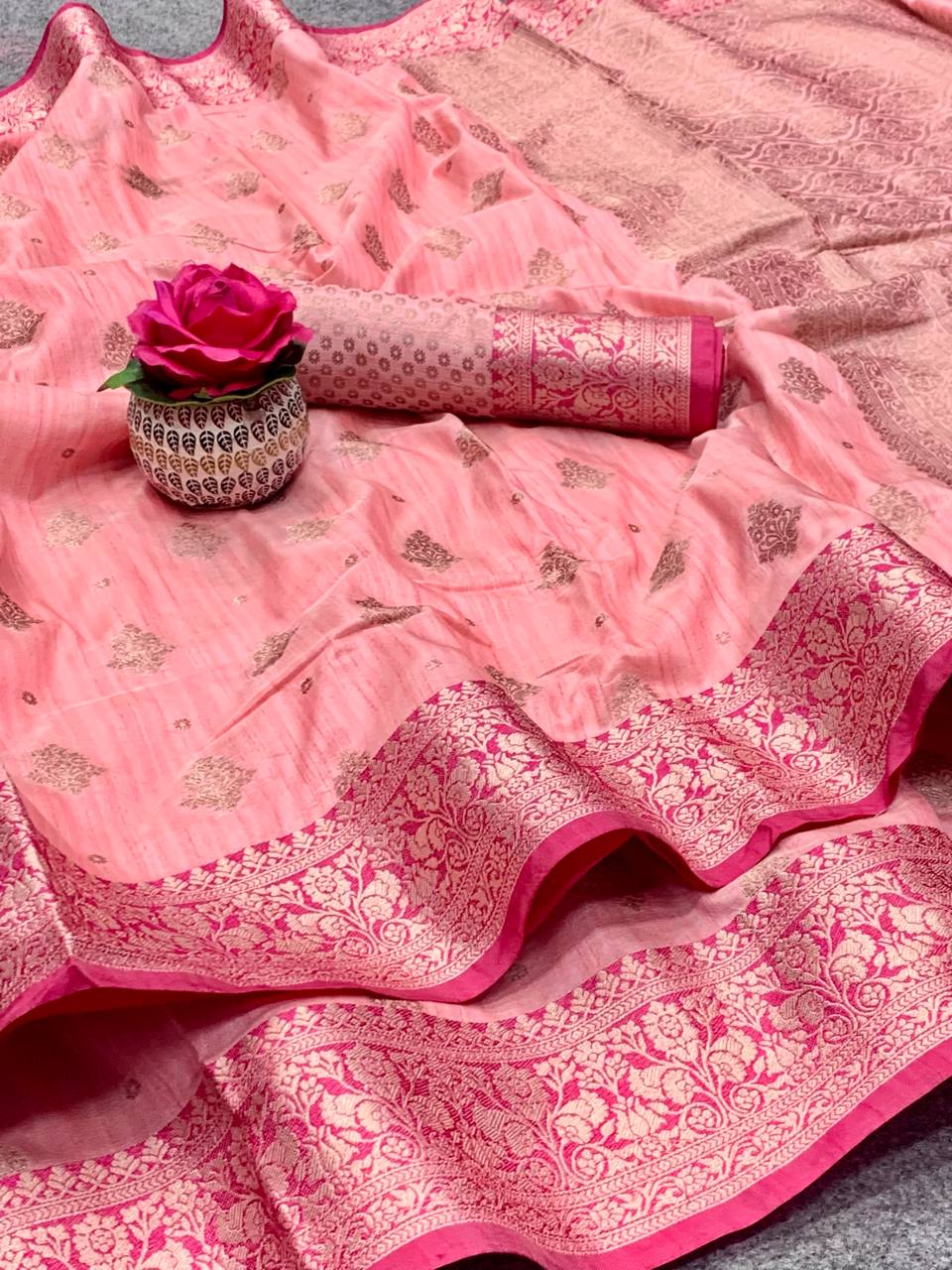 Banarasi Kanchi Silk  Light Pink Copper Zari Pattern Saree