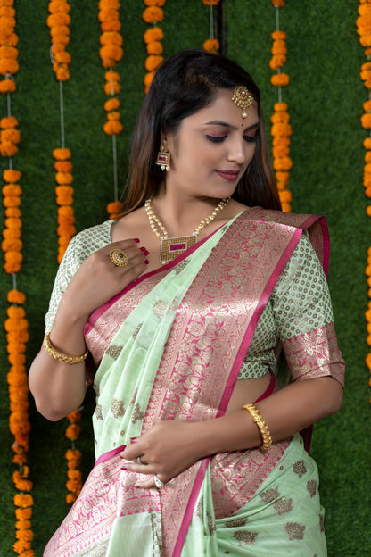 Banarasi Kanchi Silk Pista Green Copper Zari Pattern Saree