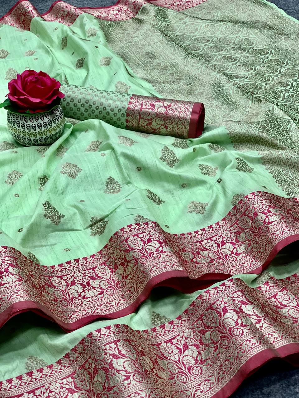 Banarasi Kanchi Silk Pista Green Copper Zari Pattern Saree