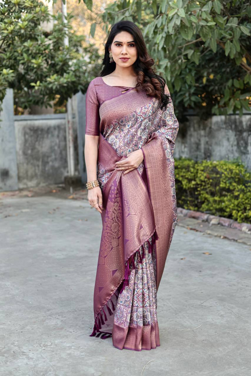 Soft Silk Stylish Purple Color Banarasi Saree
