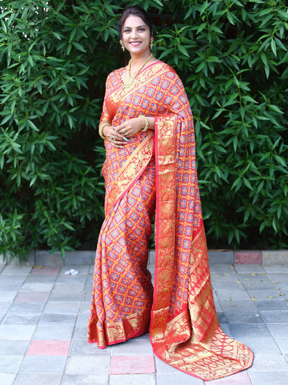 Red Color Ajrakh Art  Silk Saree