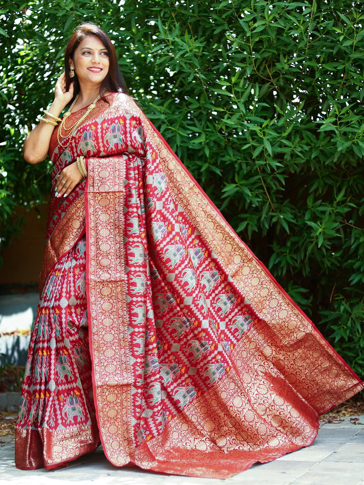 Red Color Patola Silk Saree With Zari Weaving Work