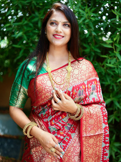 Red Color Patola Silk Saree With Zari Weaving Work