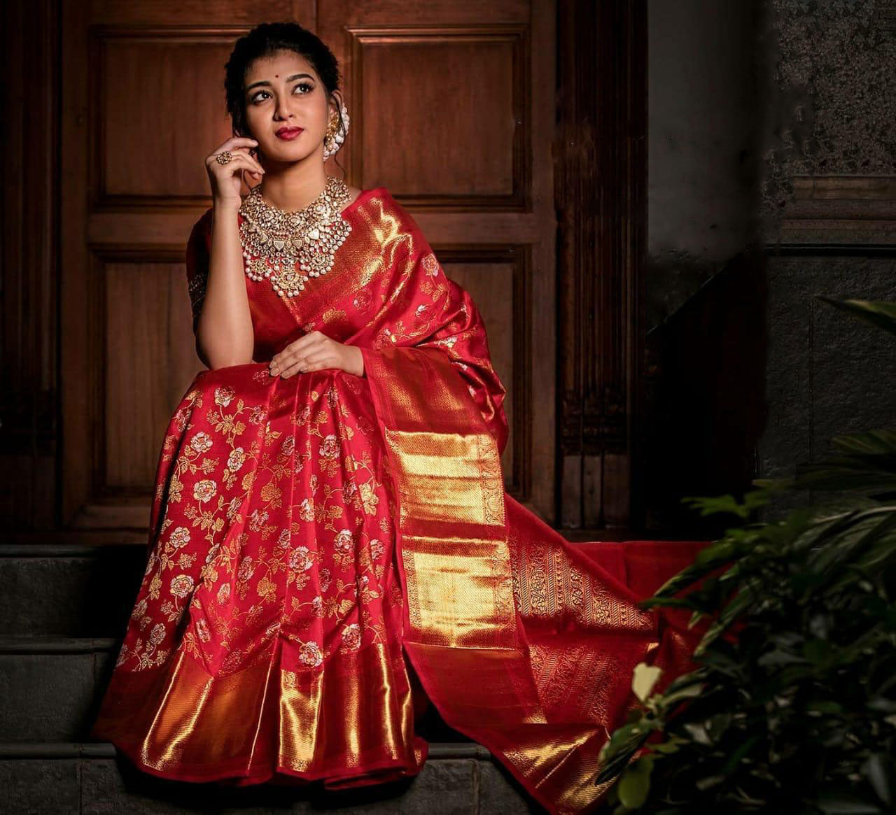 Eyes Catching Red Color Flower Design Saree