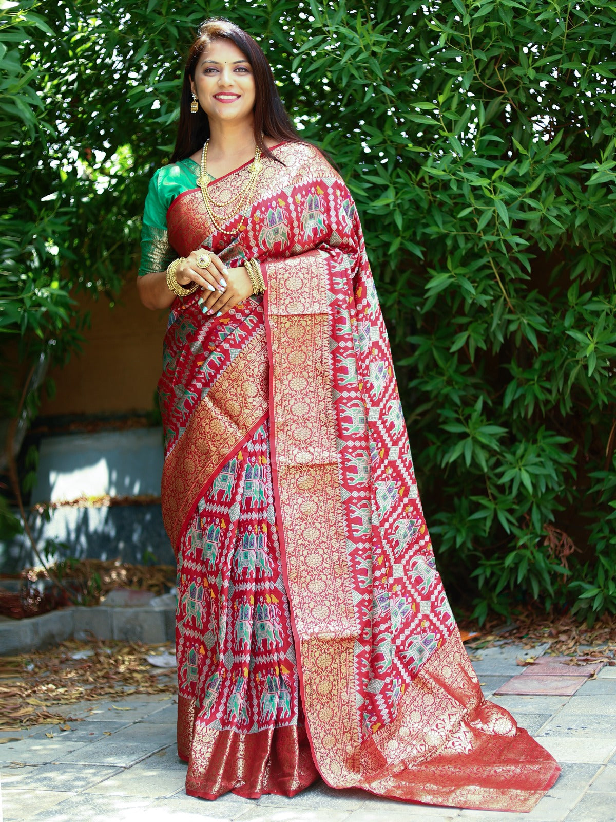 Red Color Patola Silk Saree With Zari Weaving Work