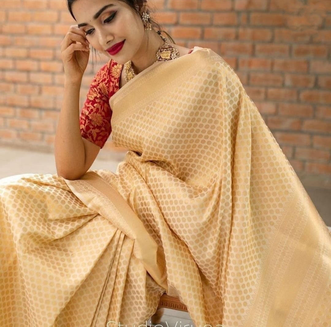 Cream Color Soft Banarasi Silk Wedding Wear Saree