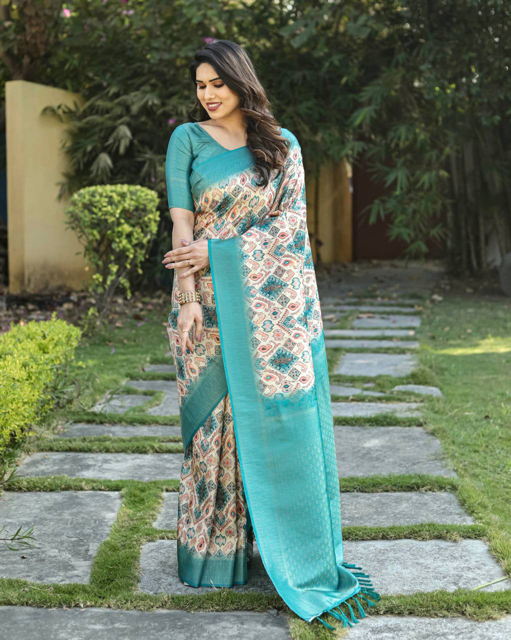 Contrast Weaved Sky Blue Border Soft Silk Saree